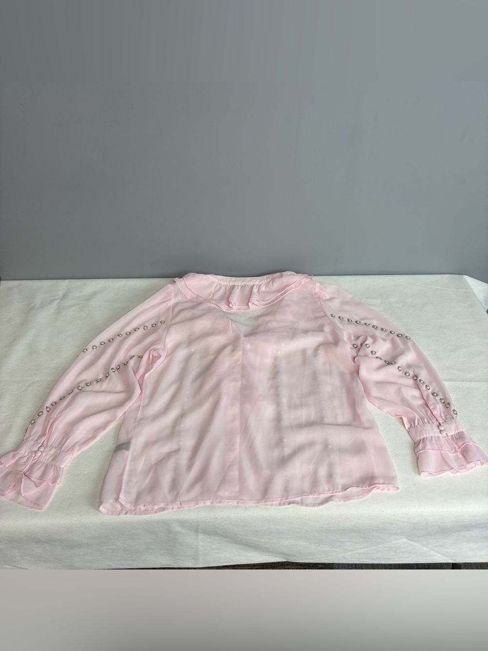 Boston Proper Parisian Pearl Embellished Ruffle Blouse/Cami Pink Sheer Sz L Flaw - Picture 7 of 16